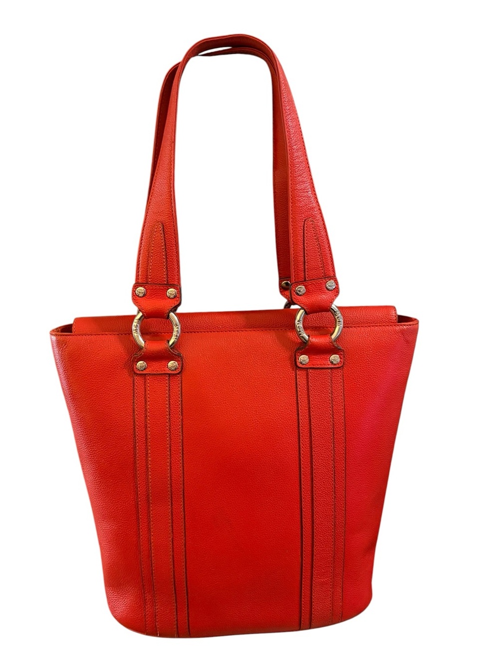 MCM Coral Red Pebbled Leather Studded Tote Bag - Picture 2 of 14